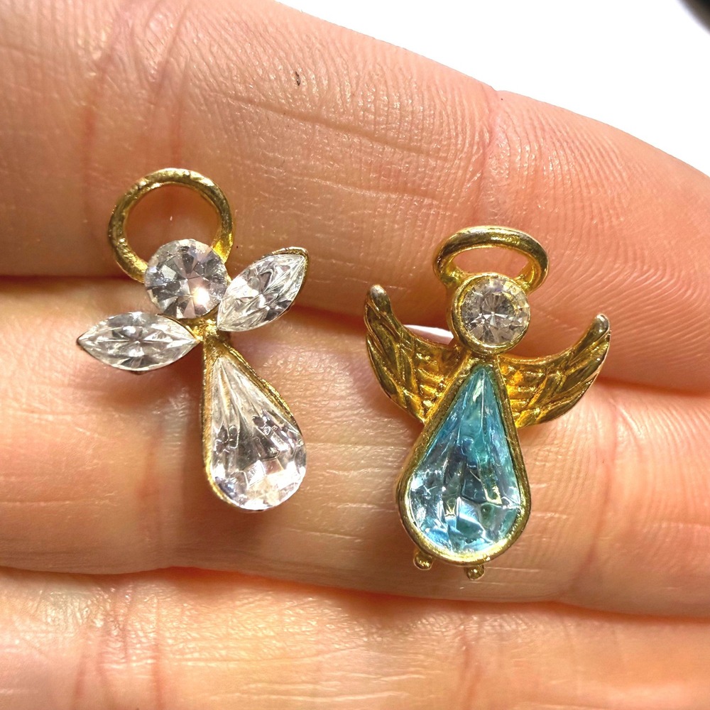 Vintage 1997 PSCO Angel Pins Set Gold Tone Blue Clear Crystal Cherub Brooches